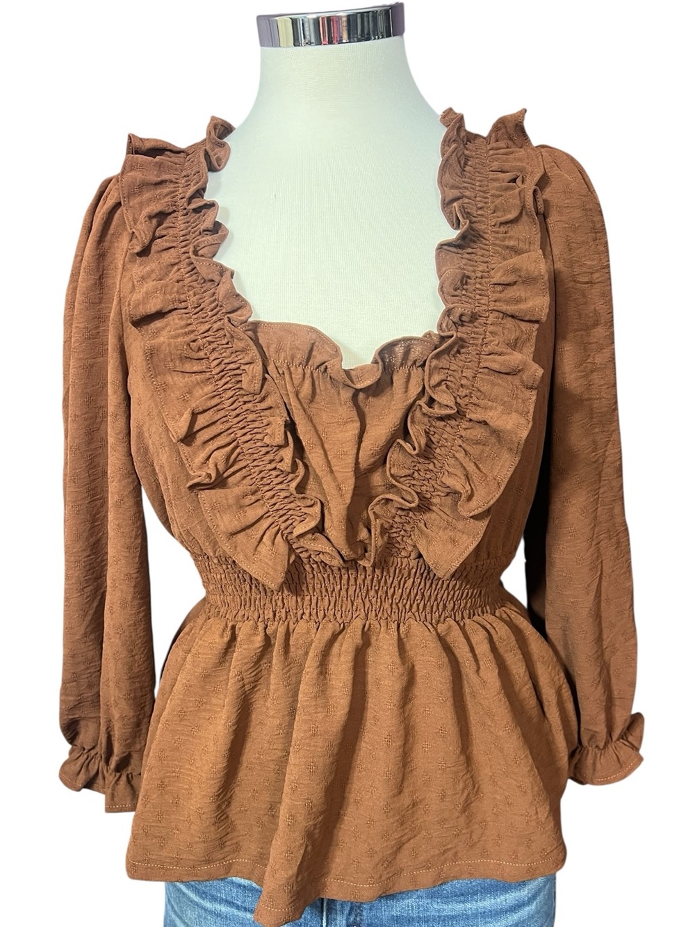 Umgee Brown Walnut Ruffle Long Sleeve Blouse Top